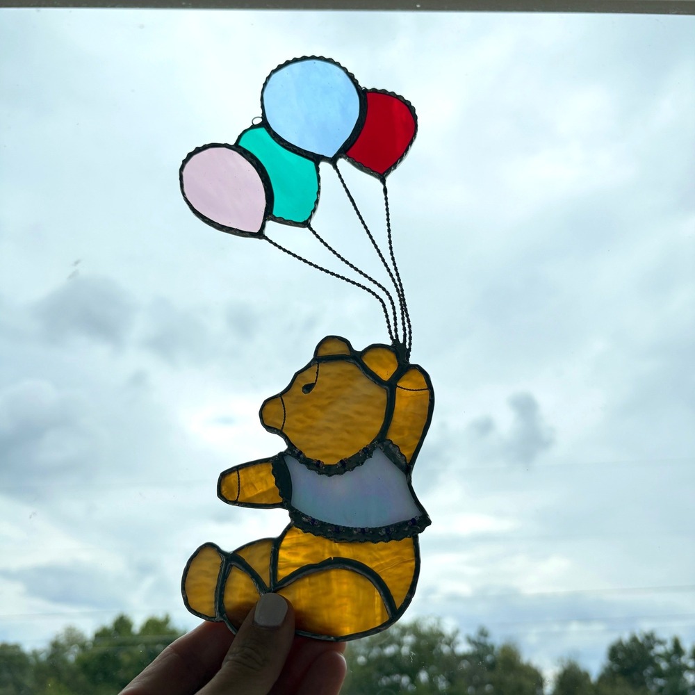 Stained Glass Bear with Balloons Suncatcher Iridescent Nursery Window Art 10.5"